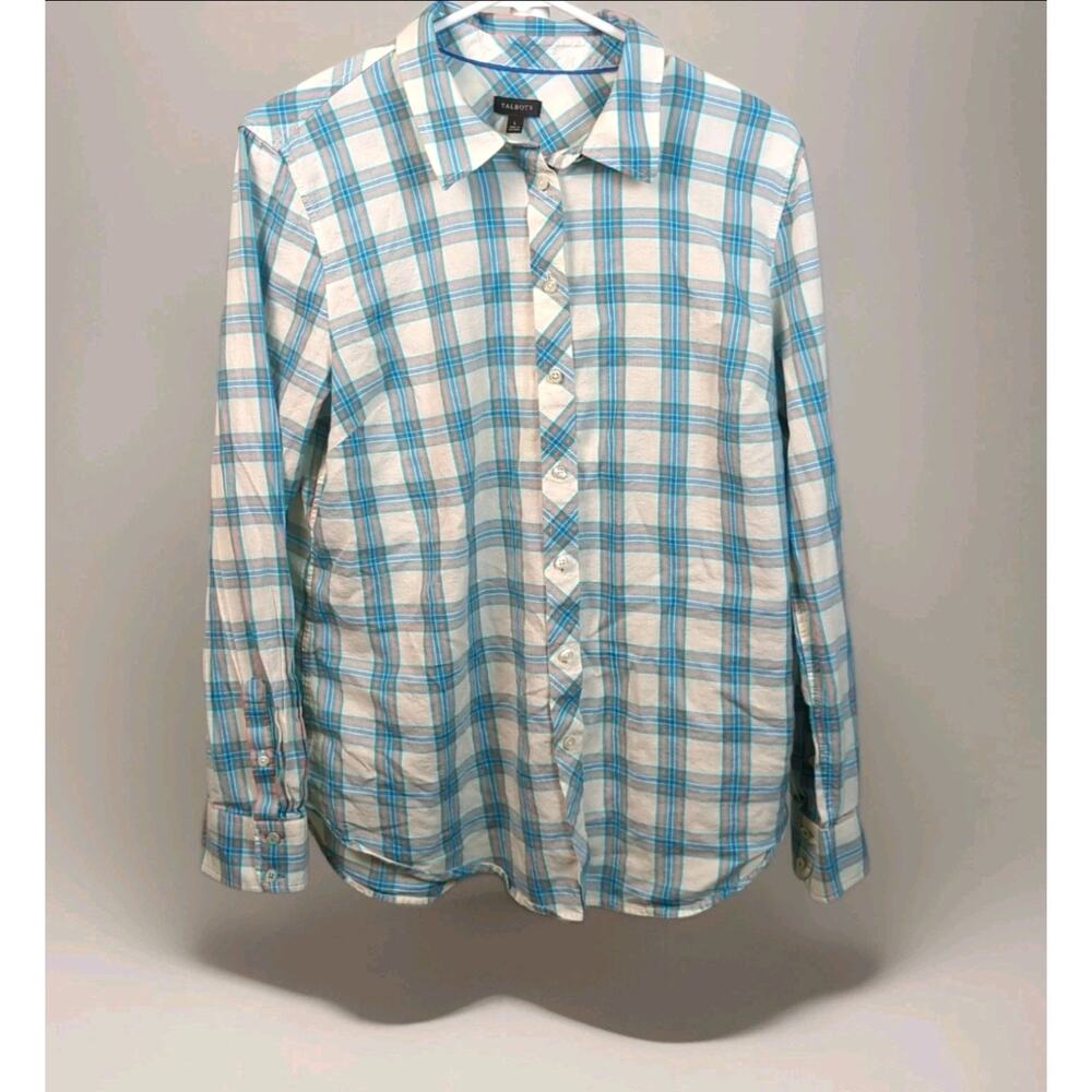 Talbots Plaid Button Down Womens L Shirt Blue Pink Preppy Long Sleeve Top